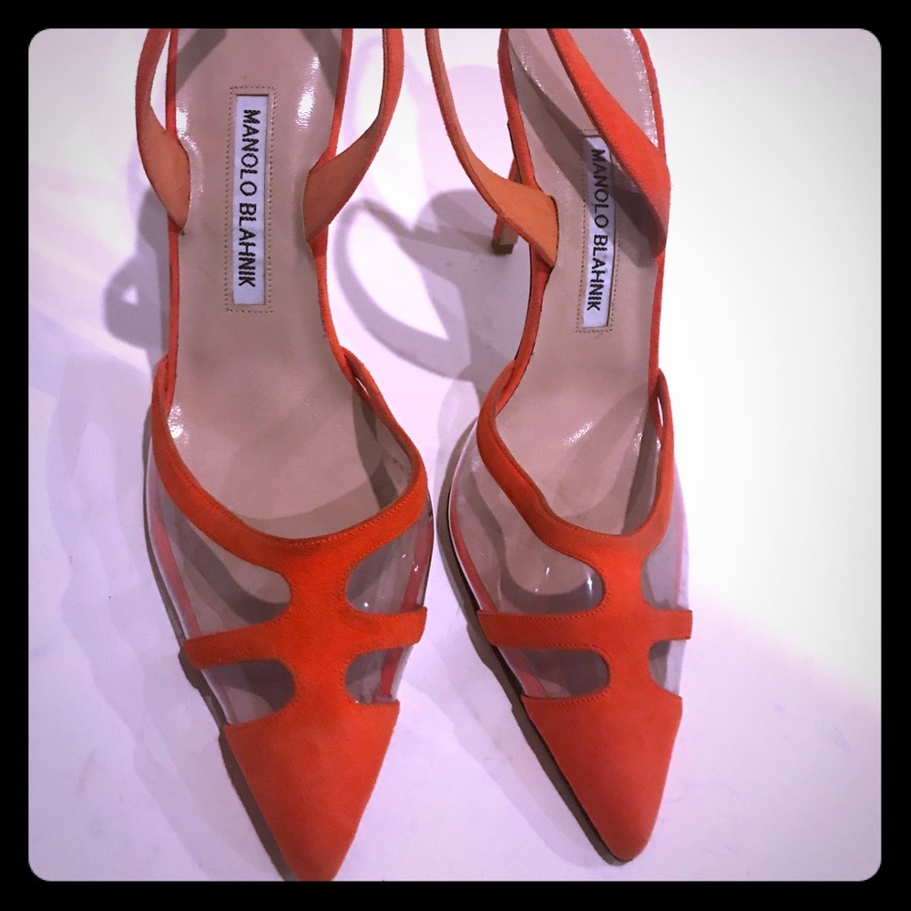 Manolo Blahnik Orange Suede & clear plastic heels